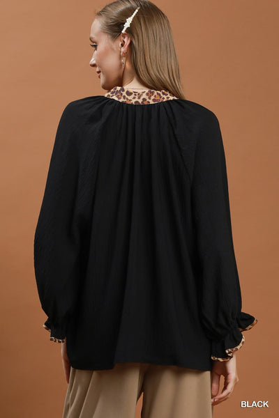 UMGEE Leopard Trim Puff Sleeve Top Black