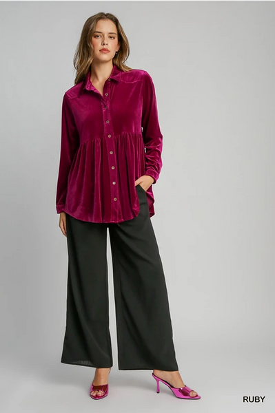 UMGEE Velvet Button Down Collared Top Ruby