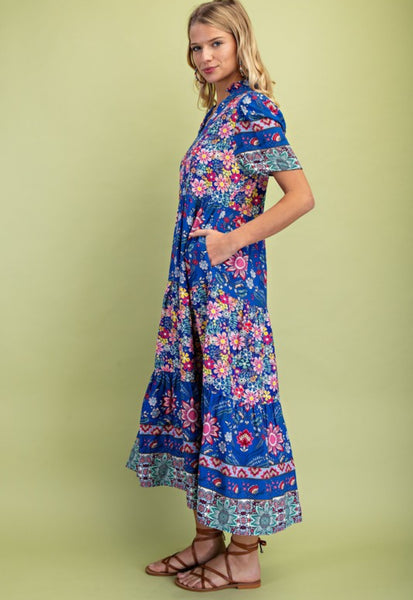 Mixed Print Tiered Dress Cobalt Blue Mix