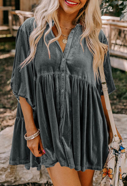 Dark Grey Ruffle Velvet Tunic Top