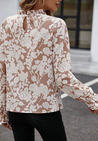 Floral Frilly Neckline Top Taupe Cream