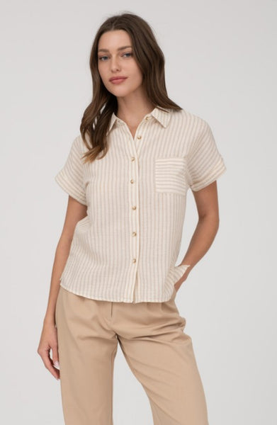 Stripe Collared Linen Blend Button Down Khaki