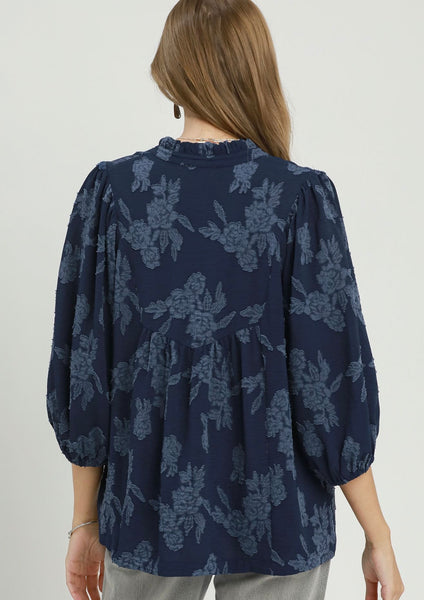 UMGEE Floral Textured Top Midnight Blue