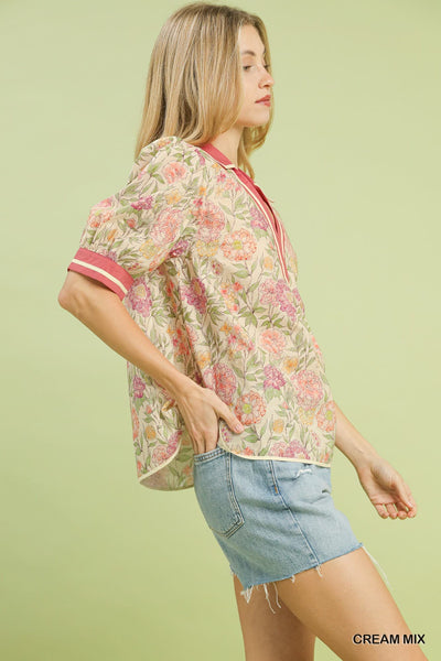 UMGEE Cream Mix Floral Contrast Top