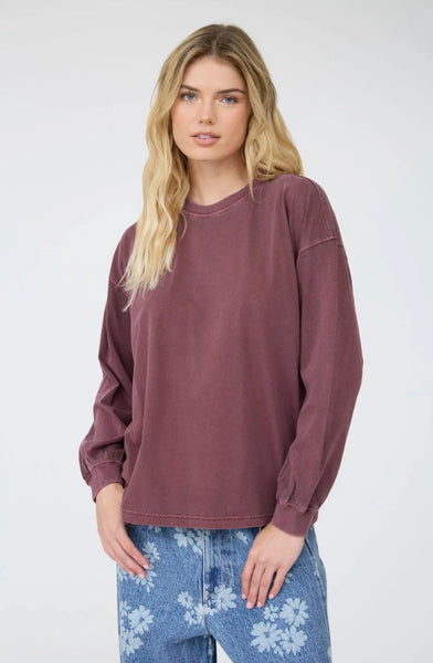 Washed Crew Long Sleeve Tee Maroon