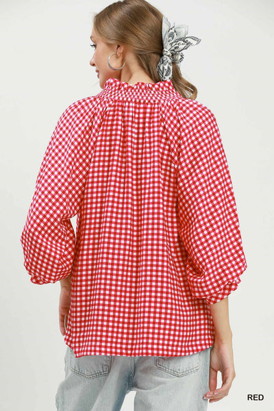 UMGEE Gingham Check Puff Sleeve Top