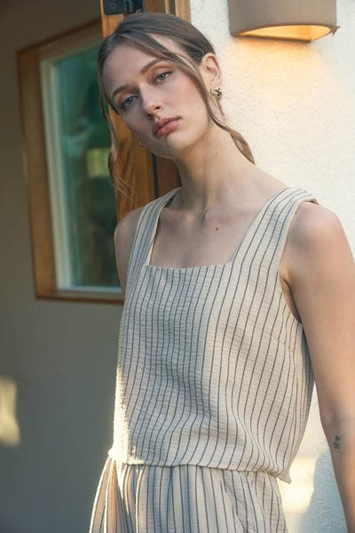 2PC Khaki Stripe Top & Pants SET