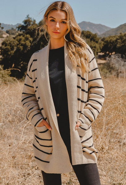 Khaki Black Stripe Pocket Cardigan