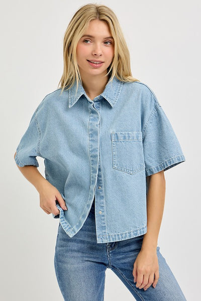 RISEN Denim Short Sleeve Button Down Top