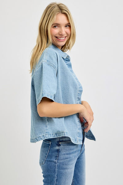 RISEN Denim Short Sleeve Button Down Top