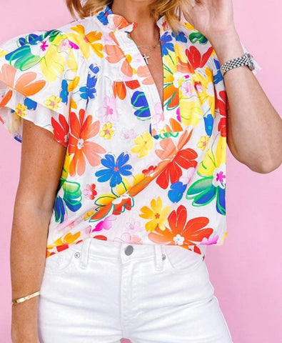 Laurel Floral Bouquet Flutter Sleeve Top