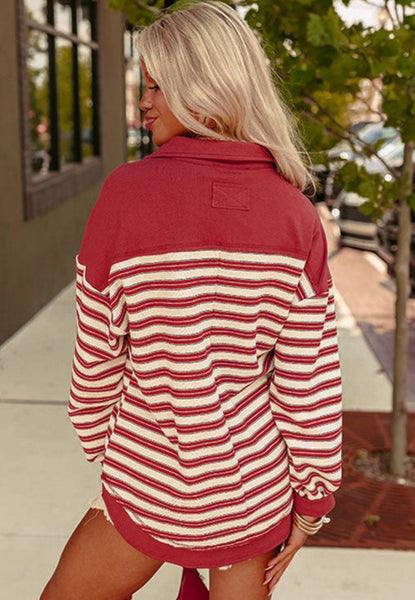 Red Striped Collared Relaxed Fit Top