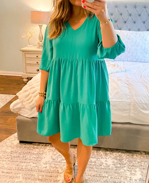 UMGEE V Neck 3/4 Sleeve Tiered Dress Mint