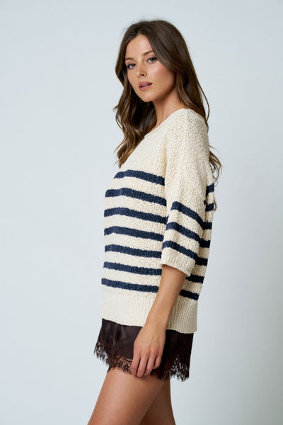 Stripe Knit Half Sleeve Sweater Midnight Blue