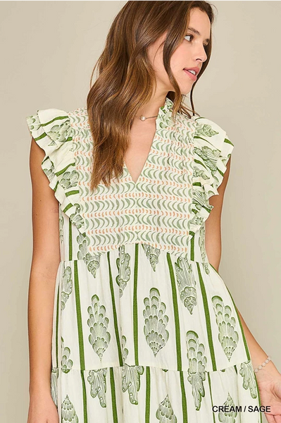 UMGEE Border Print Smocked Maxi Dress Sage Mix