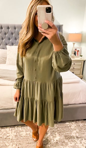 Dusty Green Tiered Button Shirt Dress