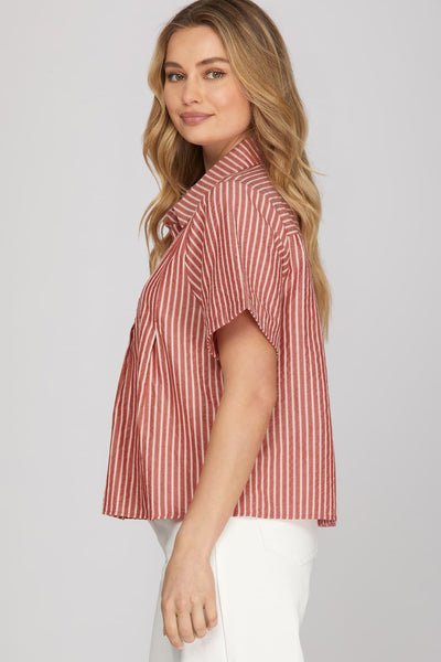 Short Sleeve Striped Collar Top Red