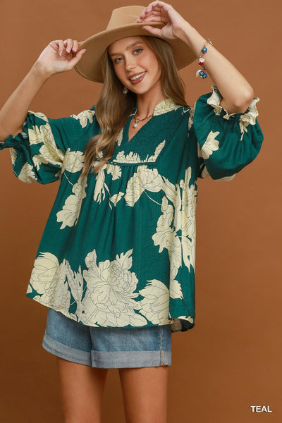UMGEE Hampton Leaf Print Top Teal