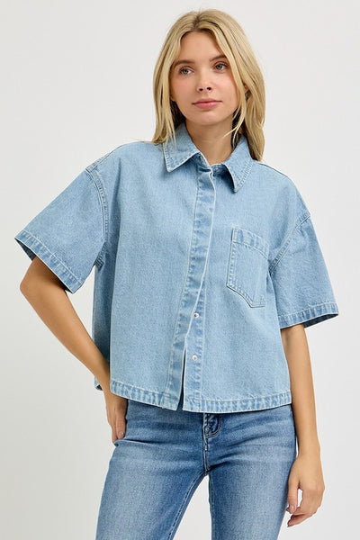 RISEN Denim Short Sleeve Button Down Top