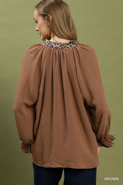 UMGEE Leopard Trim Puff Sleeve Top Mocha