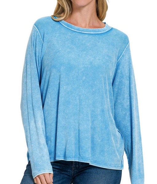 Washed Ribbed Long Sleeve Top Sky Blue