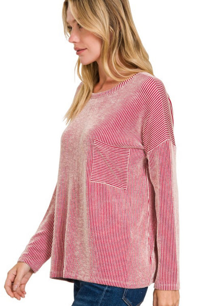 Red Stripe Long Sleeve Pocket Top