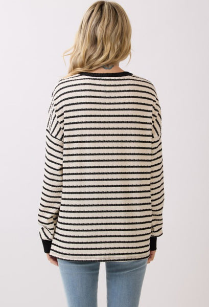 Stripe Knit Pullover Top Black