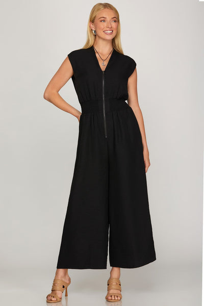 Woven Smocked Waist Jumpsuit Black