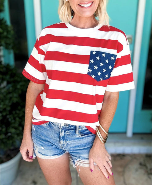 Red Stripe Star Pocket Top