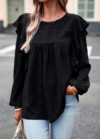 Black Swiss Dot Ruffle Shoulder Top