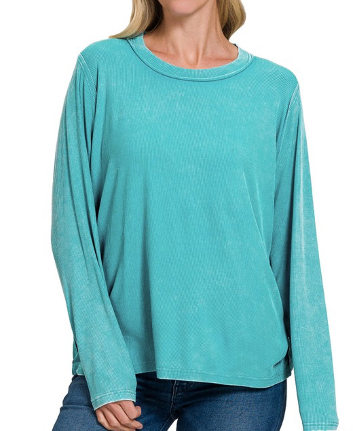 Washed Ribbed Long Sleeve Top Teal