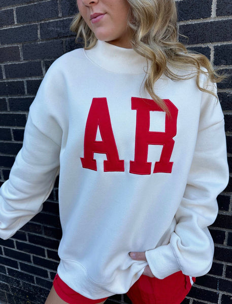 AR Embroidered Mock Neck Sweatshirt Cream Red