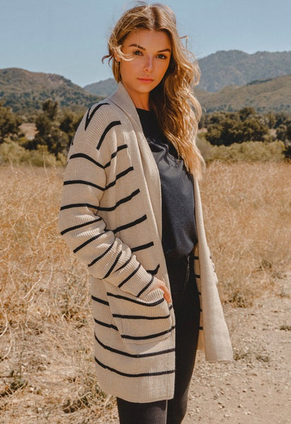 Khaki Black Stripe Pocket Cardigan