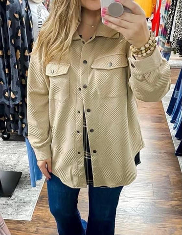 Mocha Solid Textured Button Down Shirt Jacket