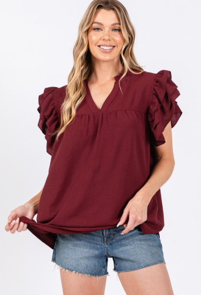 Ruffle Sleeve Game Day Top Maroon