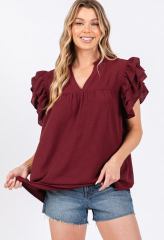 Ruffle Sleeve Game Day Top Maroon