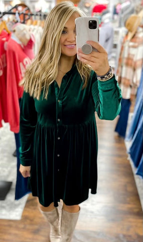 Velvet Button Down Dress Green