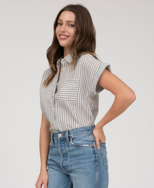 Stripe Collared Linen Blend Button Down Black