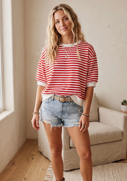 Stripe Contrast Top Red White