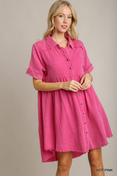 UMGEE Mineral Wash Collared Dress Hot Pink
