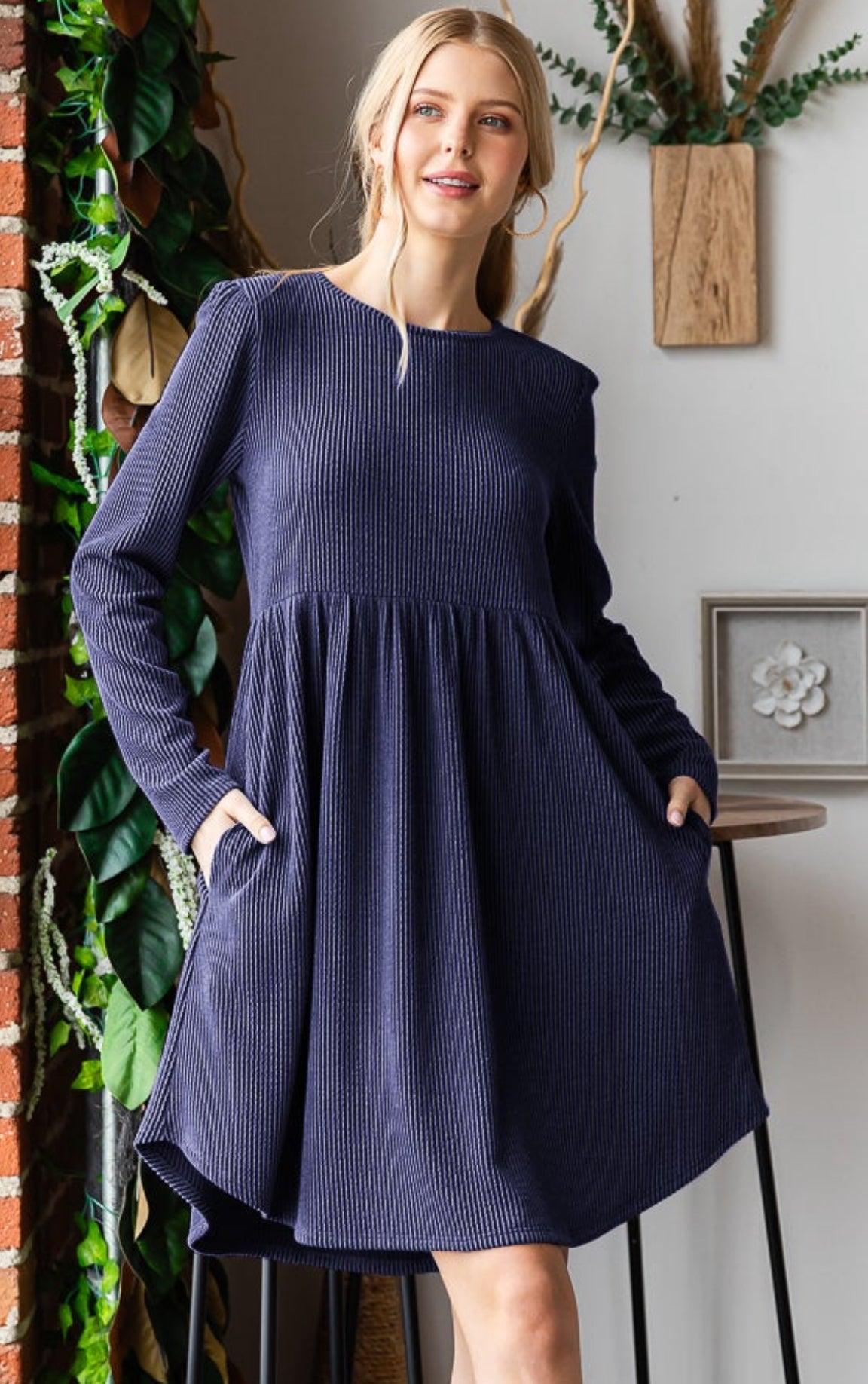 Urban Ribbed Knit Babydoll Dress Dark Blue