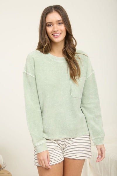 Long Sleeve Rib Knit Pocket Top Sage