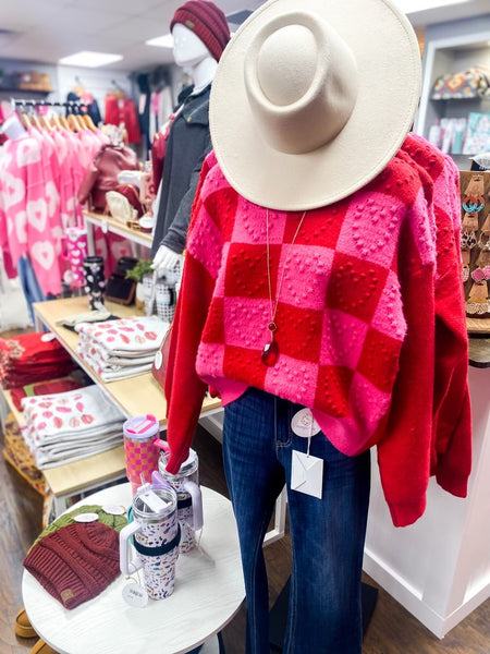 Checkered Heart Textured Sweater