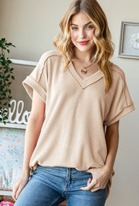 Ribbed V Neck Top Taupe