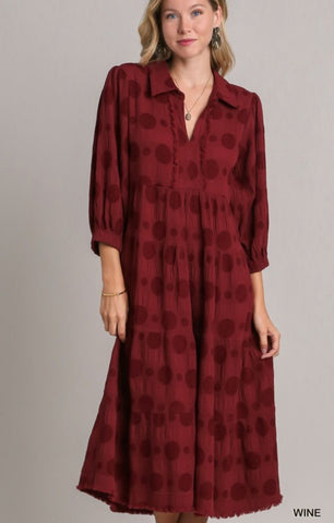 UMGEE Dotted Balloon Sleeve Midi Dress Wine