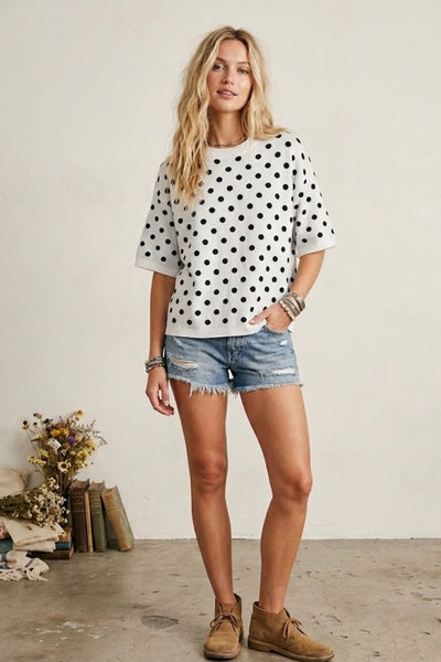 Polka Dot Short Sleeve Sweater Top Ivory