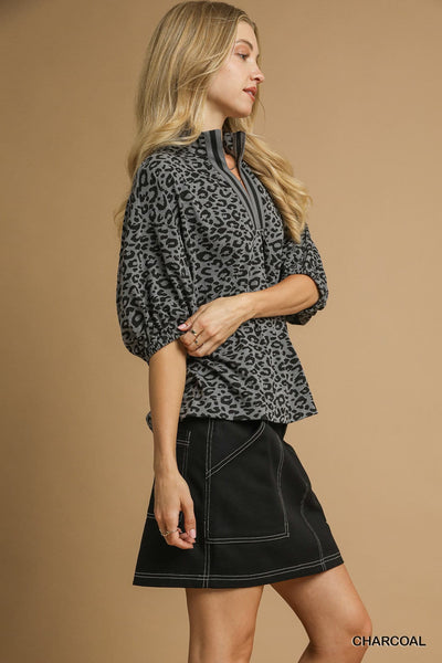 UMGEE Jacquard Leopard Trim Top Charcoal