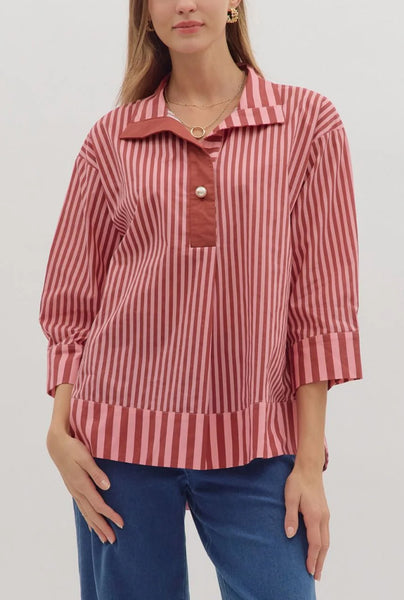 Brooke Stripe Collared Top Dark Red Mix