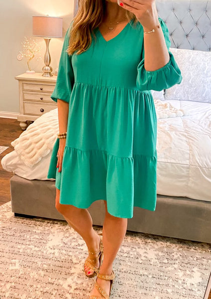 UMGEE V Neck 3/4 Sleeve Tiered Dress Mint