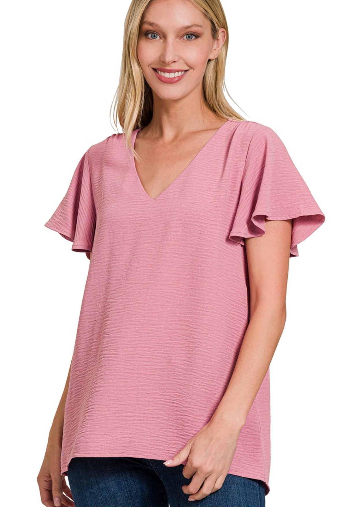 Flutter Sleeve V Neck Top Mauve